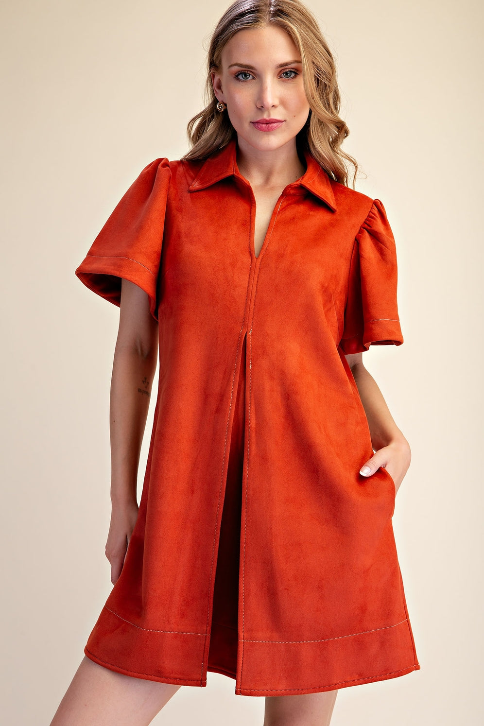 Suede Pleated Mini Dress