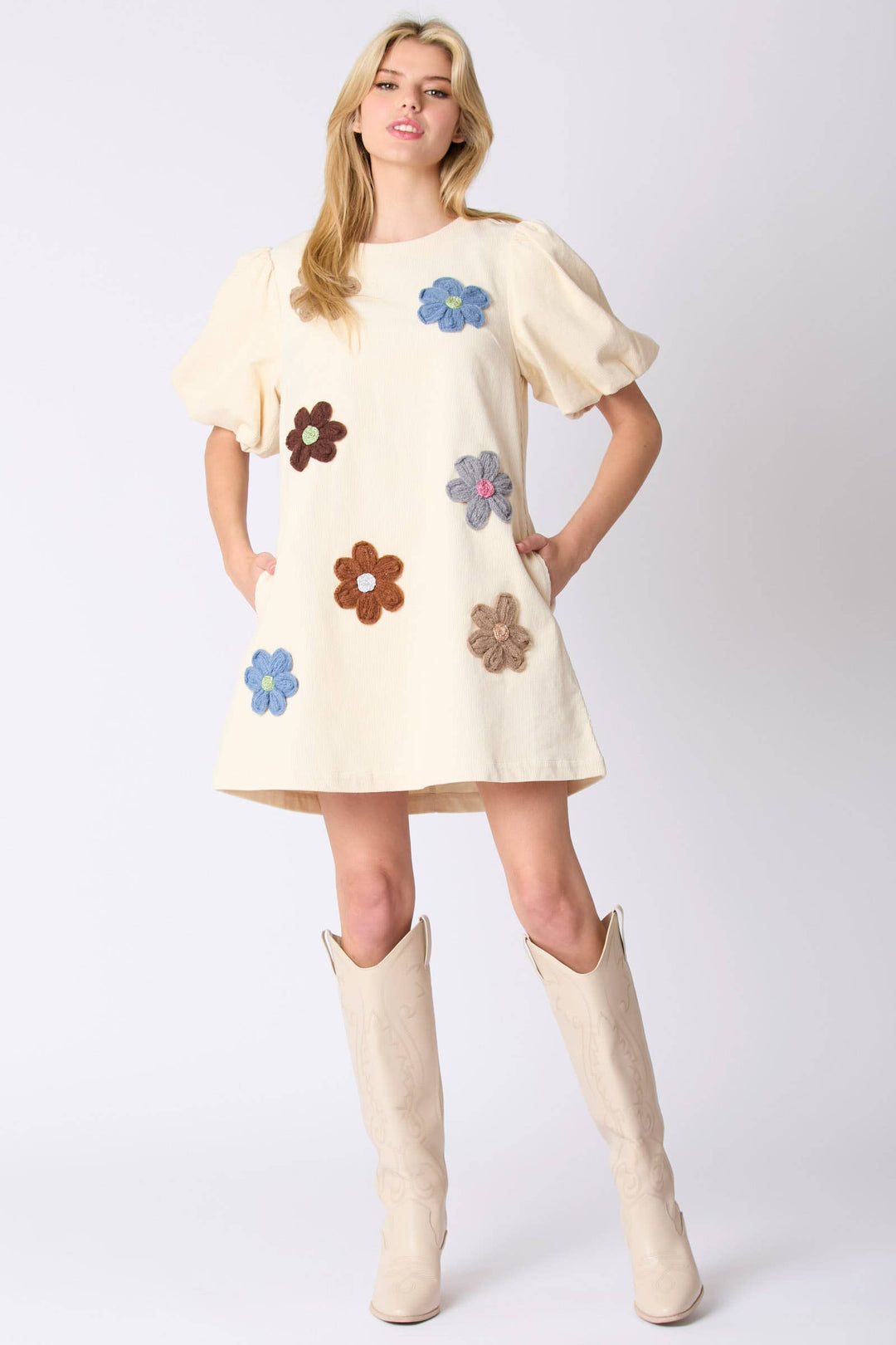 Corduroy Flower Trim Mini Dress