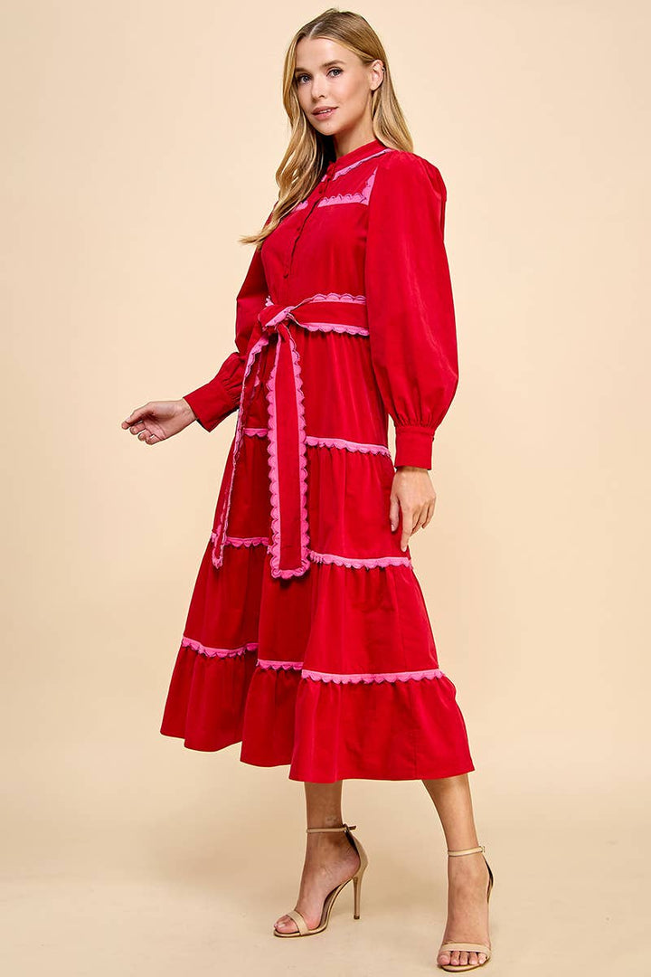 Tiered Scalloped Long Sleeve Midi Dress