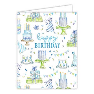 Happy Birthday Blue Cakes, Presents & Confetti Greeting Card