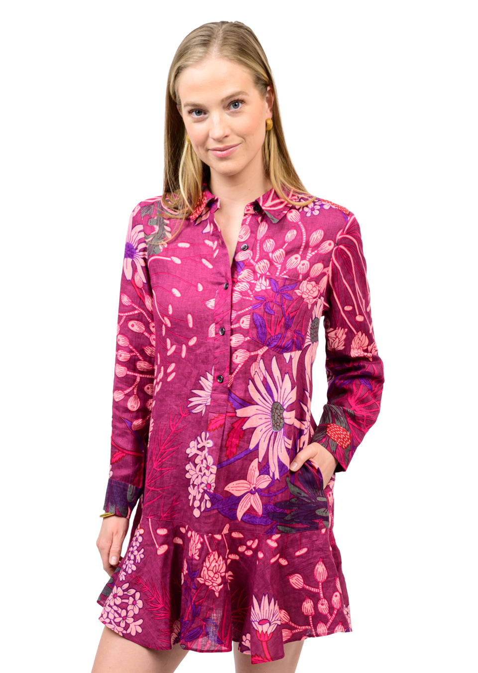 Wine Linen Flounce Hem Dress | Ivy Jane