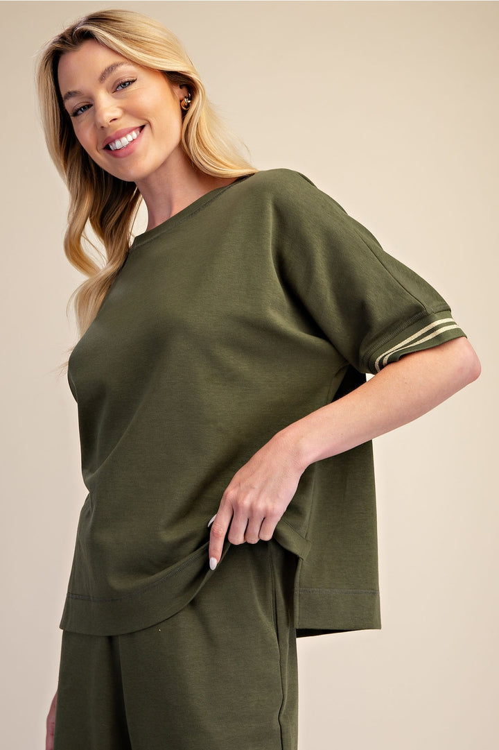 Olive Sweatshirt Short Sleeve Set