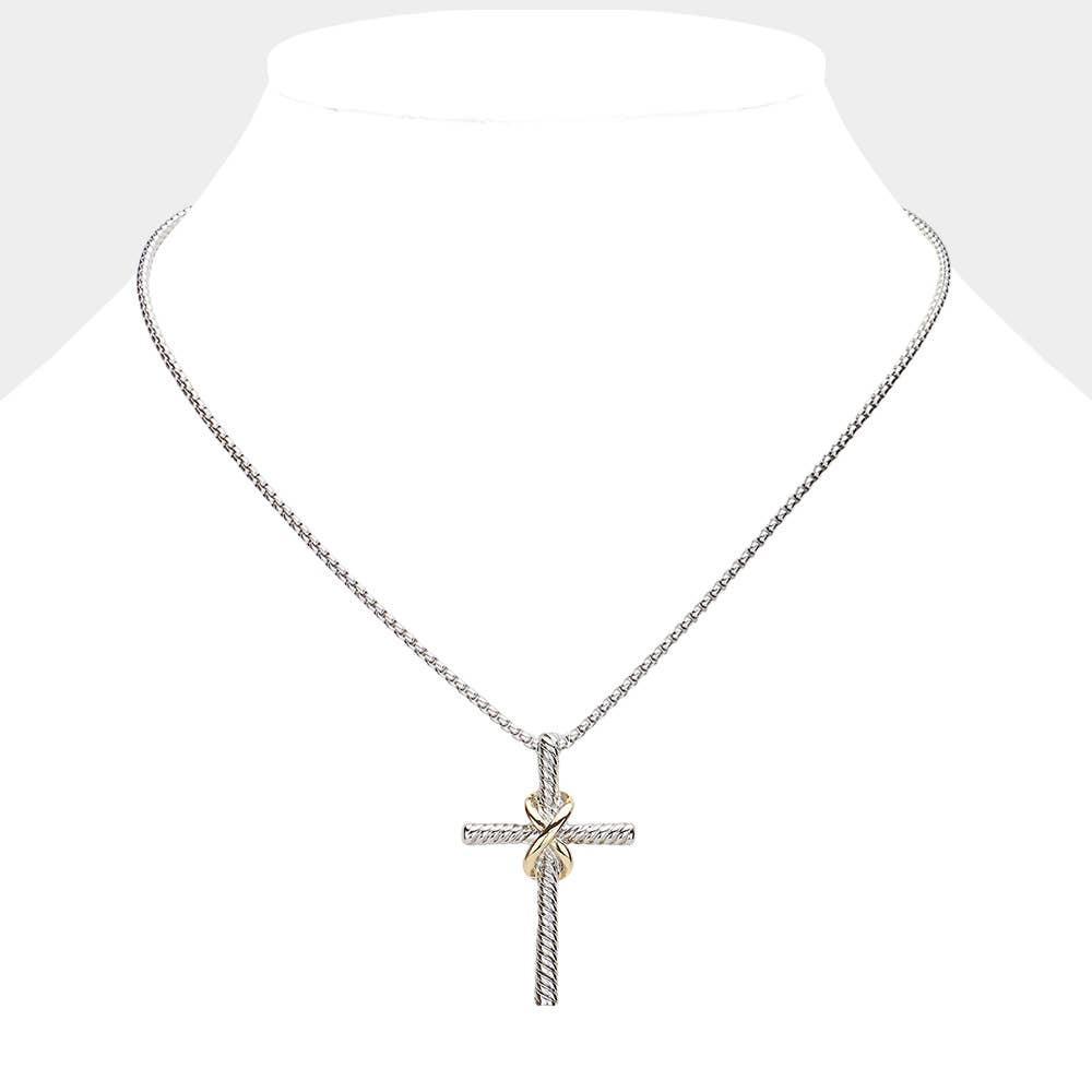 14K Gold Plated Two Tone Textured Cross Pendant Necklace