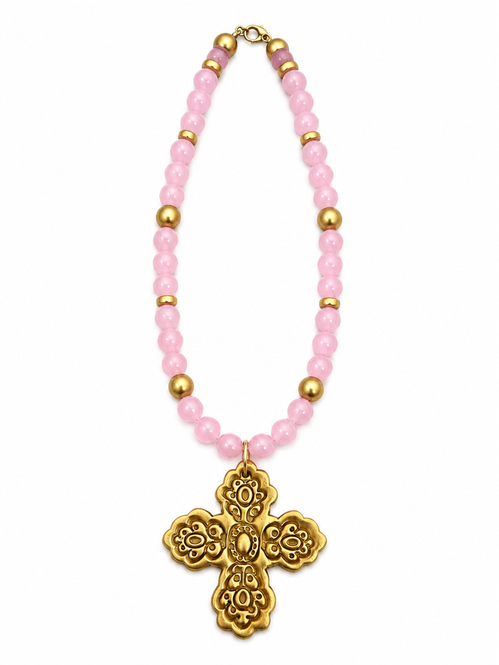 Hidden Truth Pink Jade Necklace with Scalloped Cross