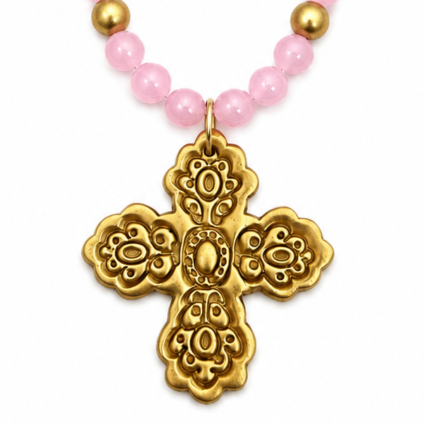 Hidden Truth Pink Jade Necklace with Scalloped Cross