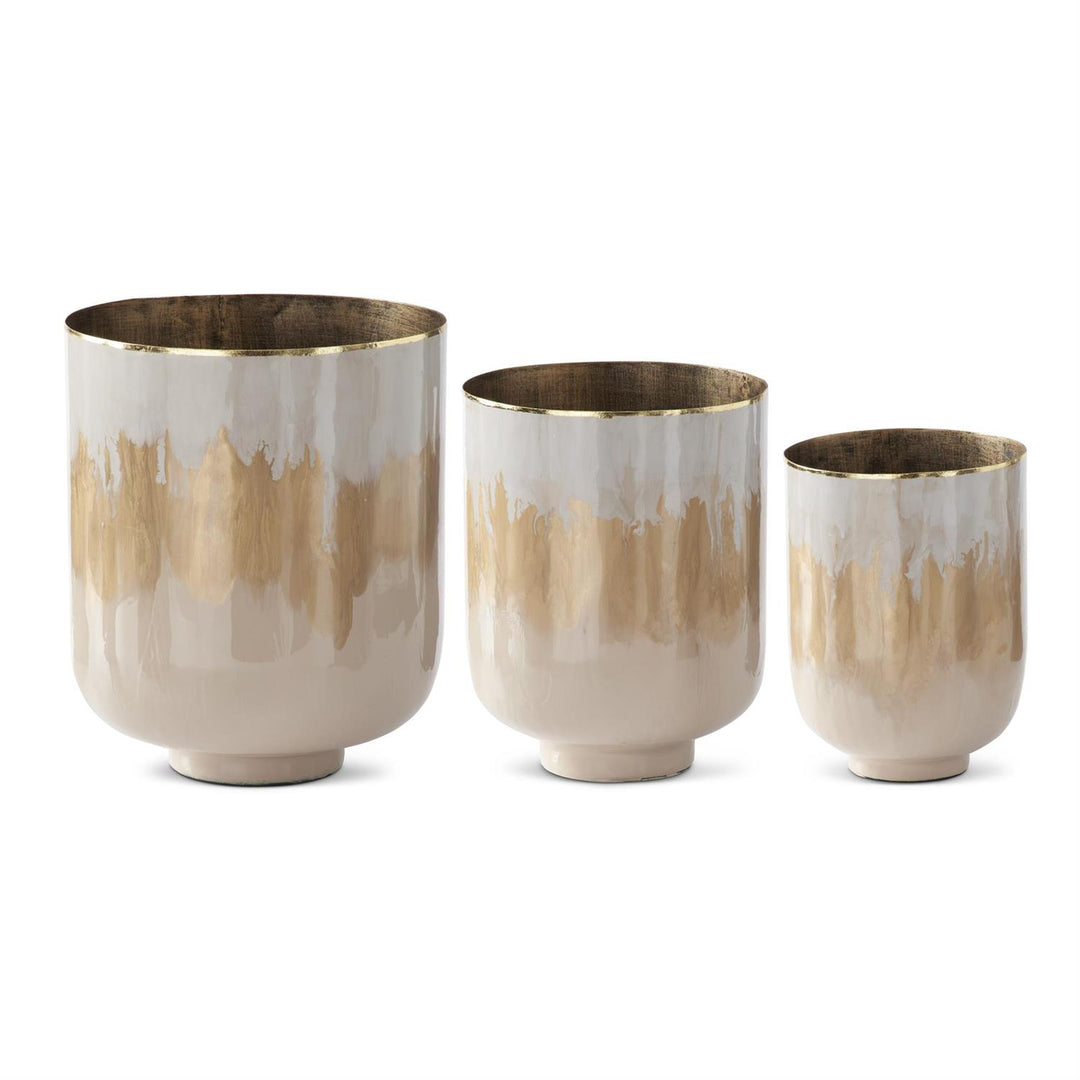 CREAM & GOLD ENAMELED METAL NESTING POTS