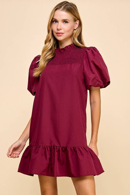 Puff Sleeve Ruffle Hem Shift Dress