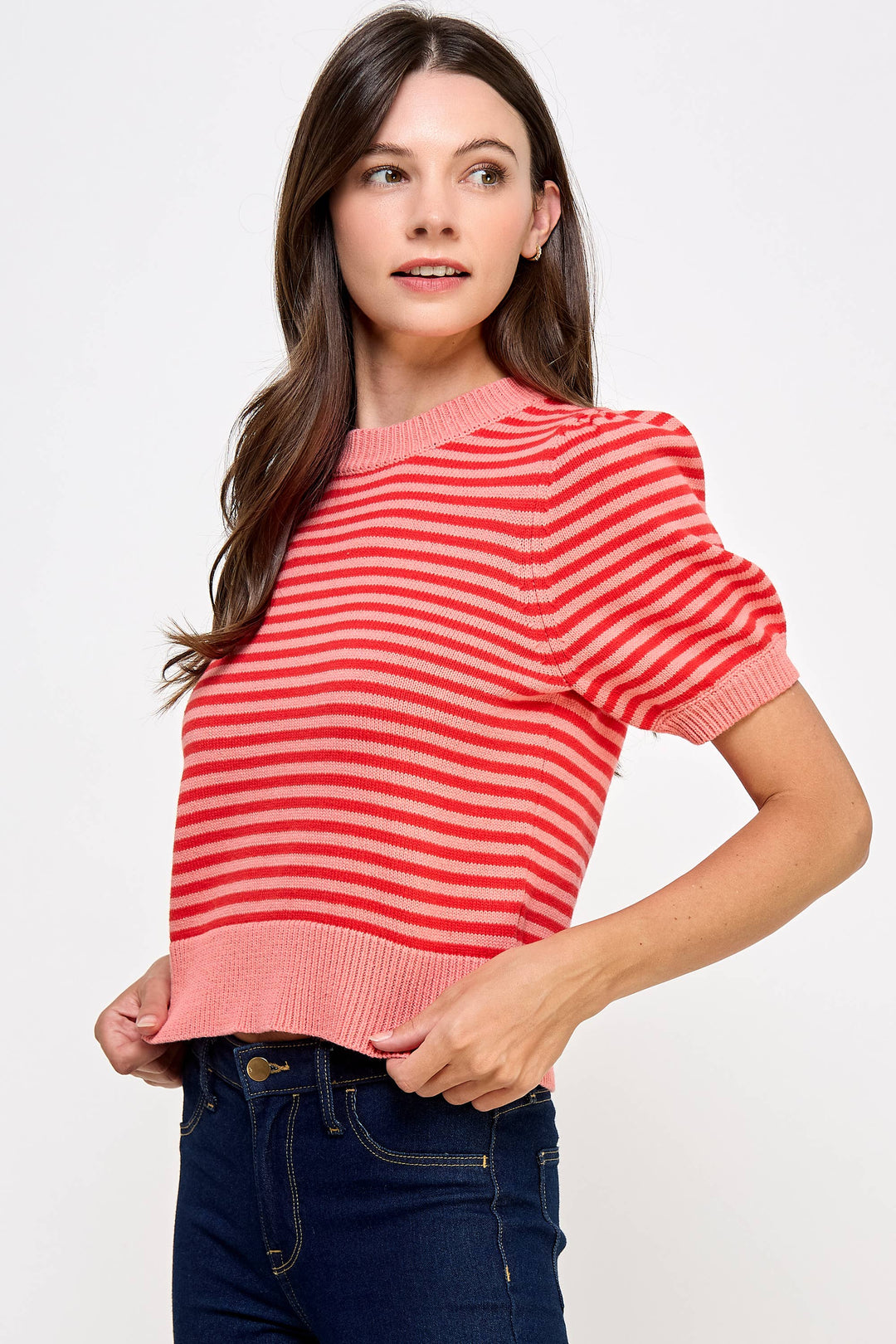 Pink Stripe Short Sleeve Sweater