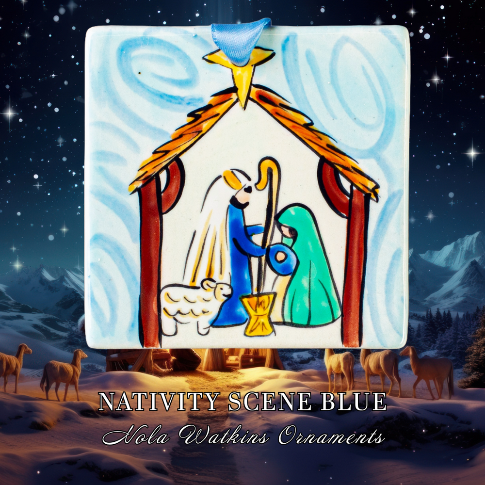 Nativity Blue Square Ornament