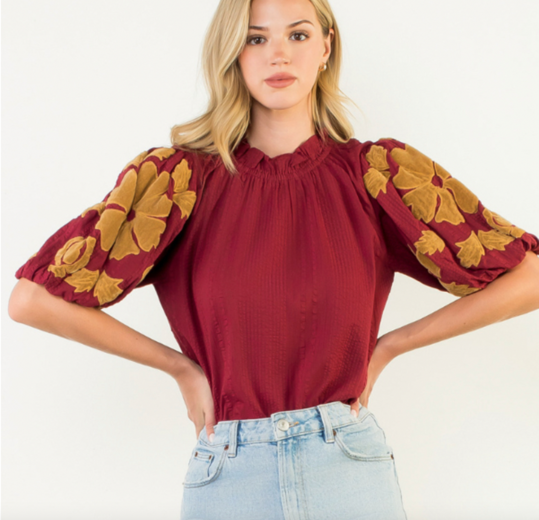 Burgundy Embriorded Puff Sleeve Top