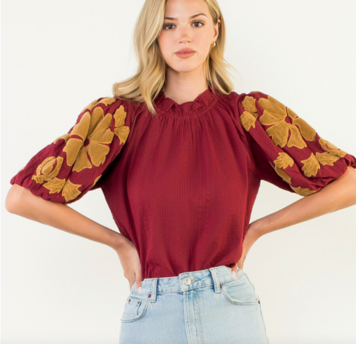 Burgundy Embriorded Puff Sleeve Top