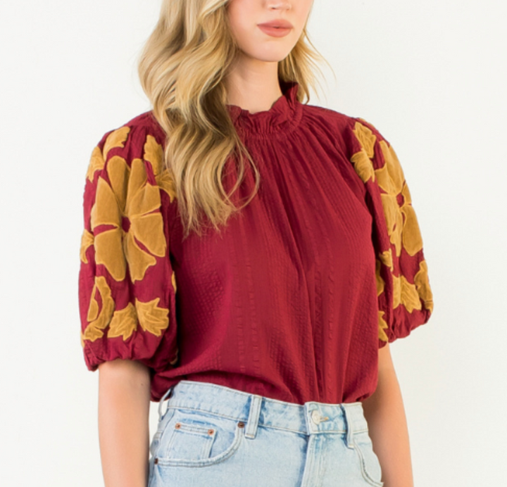 Burgundy Embriorded Puff Sleeve Top