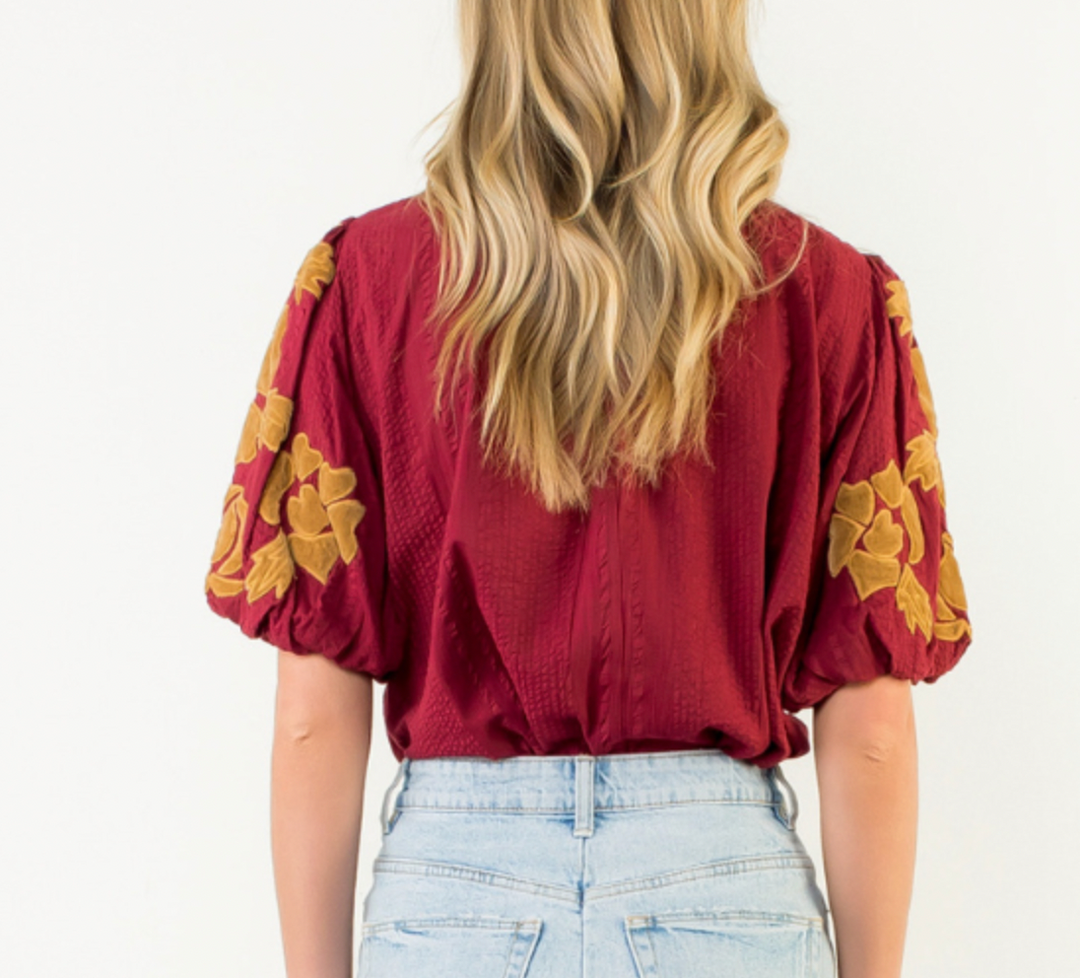 Burgundy Embriorded Puff Sleeve Top