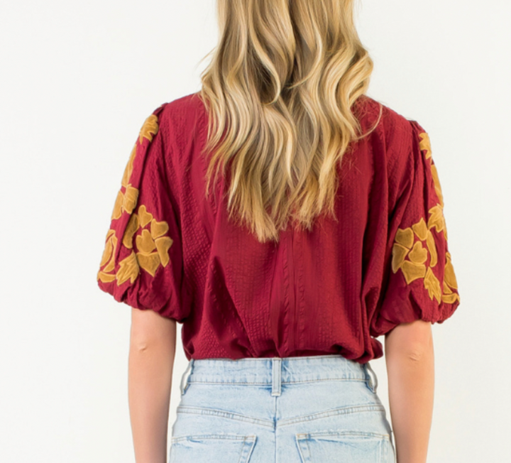 Burgundy Embriorded Puff Sleeve Top