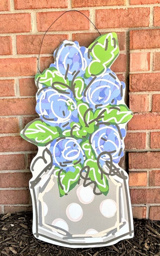 Wood Blue Flowers in Gray Pot Door Hanger