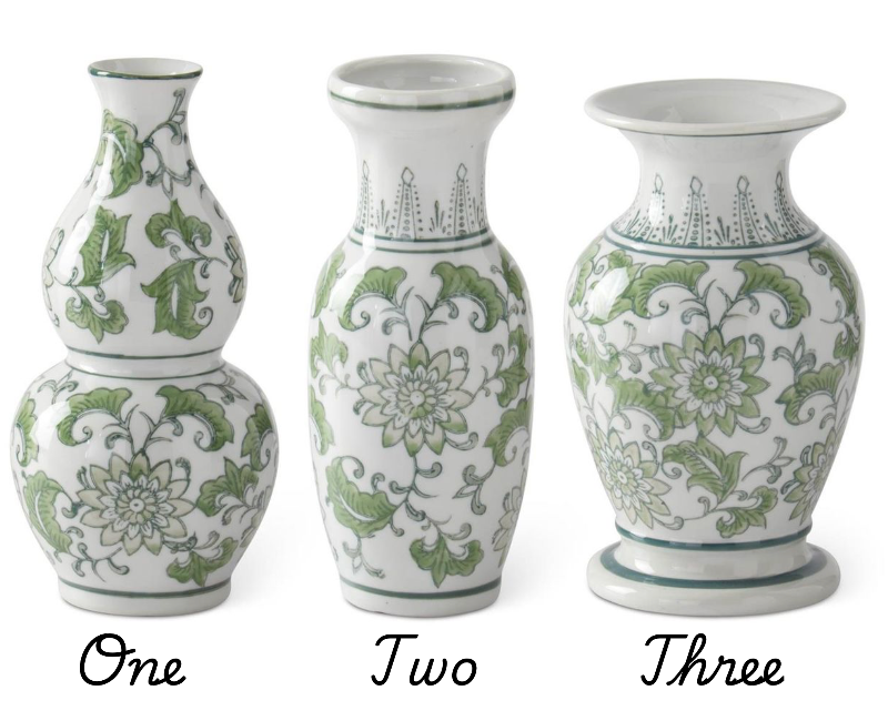 Green & White Ceramic Chinoiserie Bud Vases