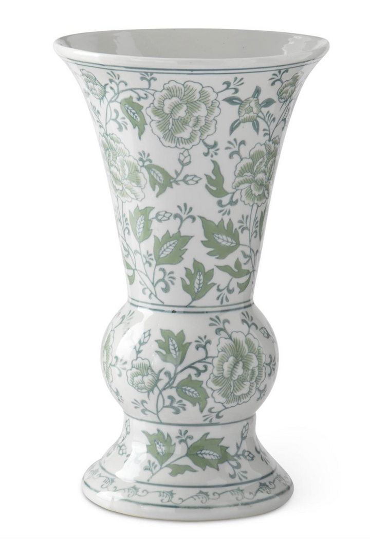 Green & White Floral Ceramic Vase