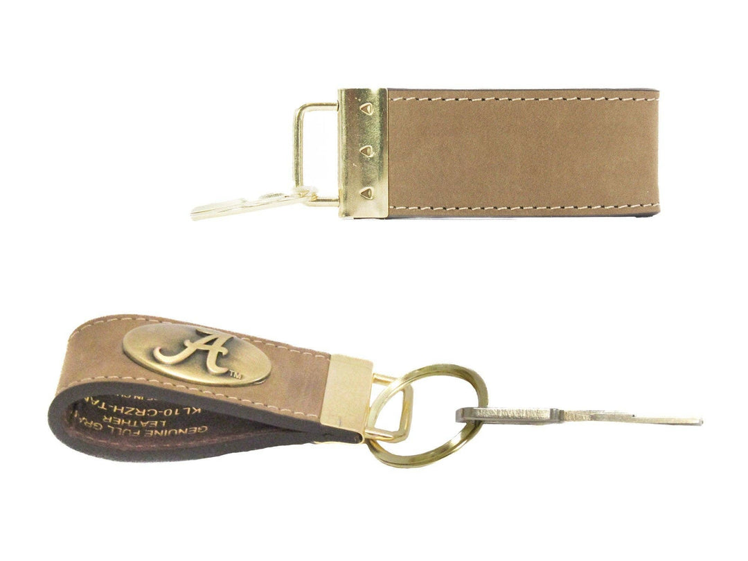 Collegiate Leather Key Fob. Crazyhorse Full Grain Leather With Antique Brass Logo. Alabama, Auburn, Ole Miss, Mississippi State, Tennessee.