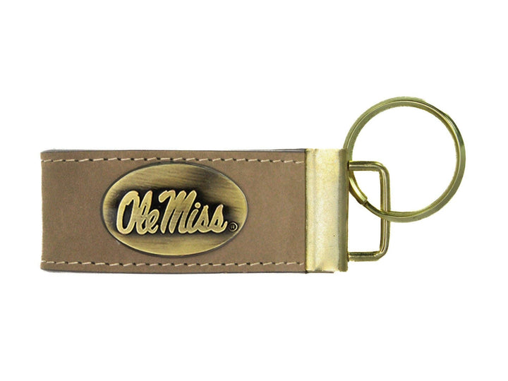 Collegiate Leather Key Fob. Crazyhorse Full Grain Leather With Antique Brass Logo. Alabama, Auburn, Ole Miss, Mississippi State, Tennessee.