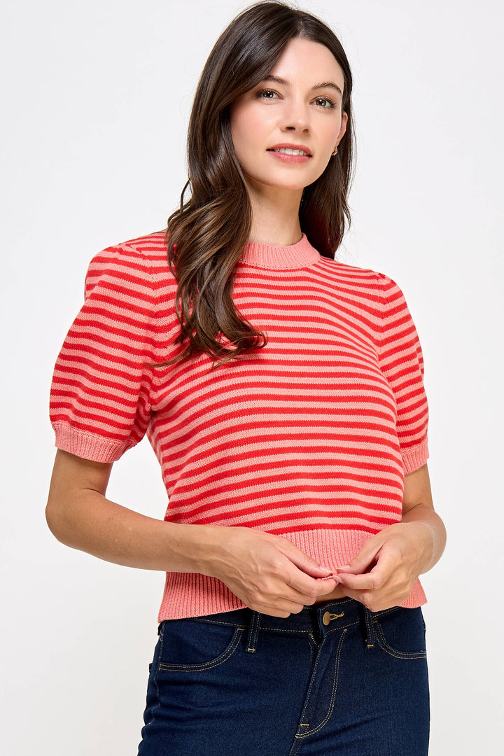 Pink Stripe Short Sleeve Sweater