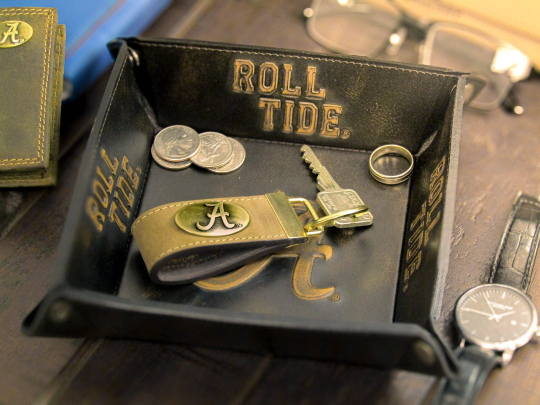 Collegiate Leather Key Fob. Crazyhorse Full Grain Leather With Antique Brass Logo. Alabama, Auburn, Ole Miss, Mississippi State, Tennessee.