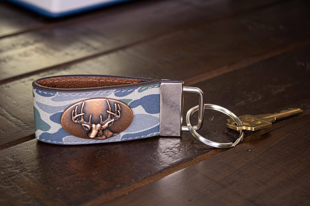 Buck Hunting Old School Camo Leather Loop Keychain.