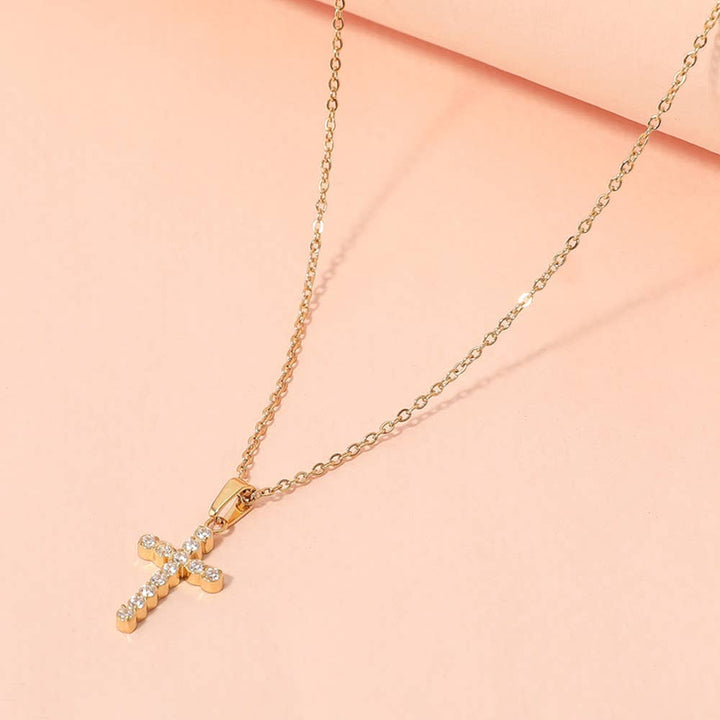 Stainless Steel Stone Paved Cross Pendant Necklace