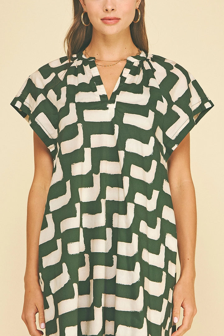 Green Geometric Print Tunic Mini Dress