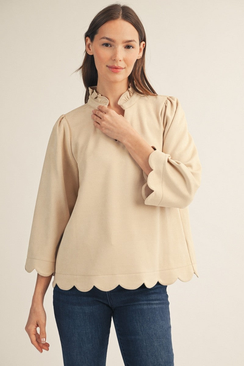 Scallop Edge Detail Faux Suede Top