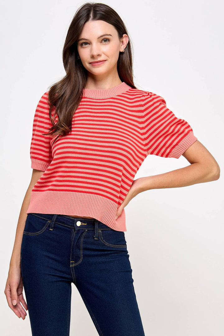 Pink Stripe Short Sleeve Sweater