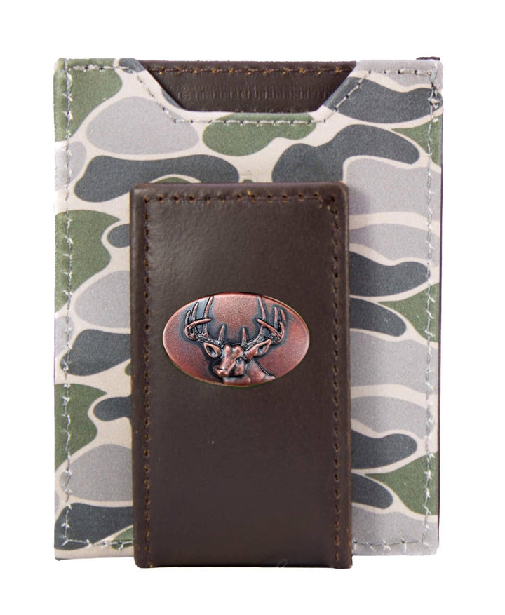 Buck Men's Magnetic Front Pocket Old School Camo Leather Wallet.