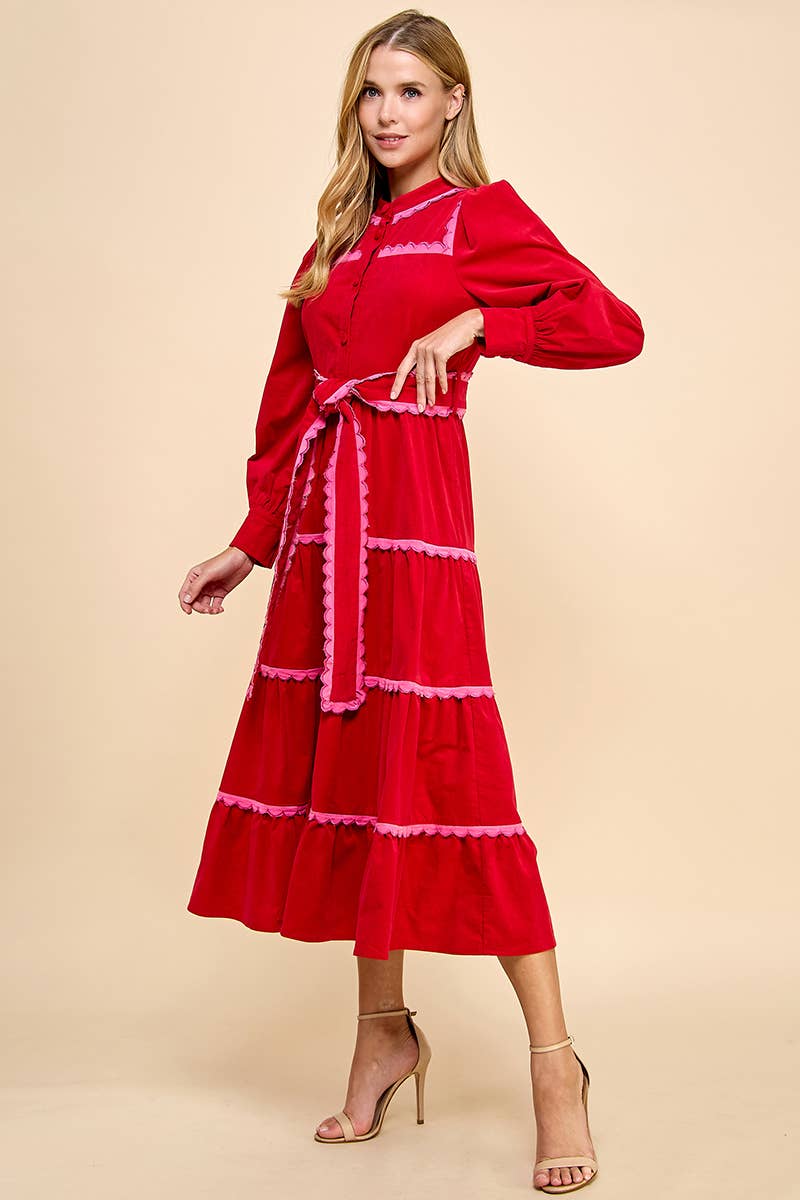 Tiered Scalloped Long Sleeve Midi Dress