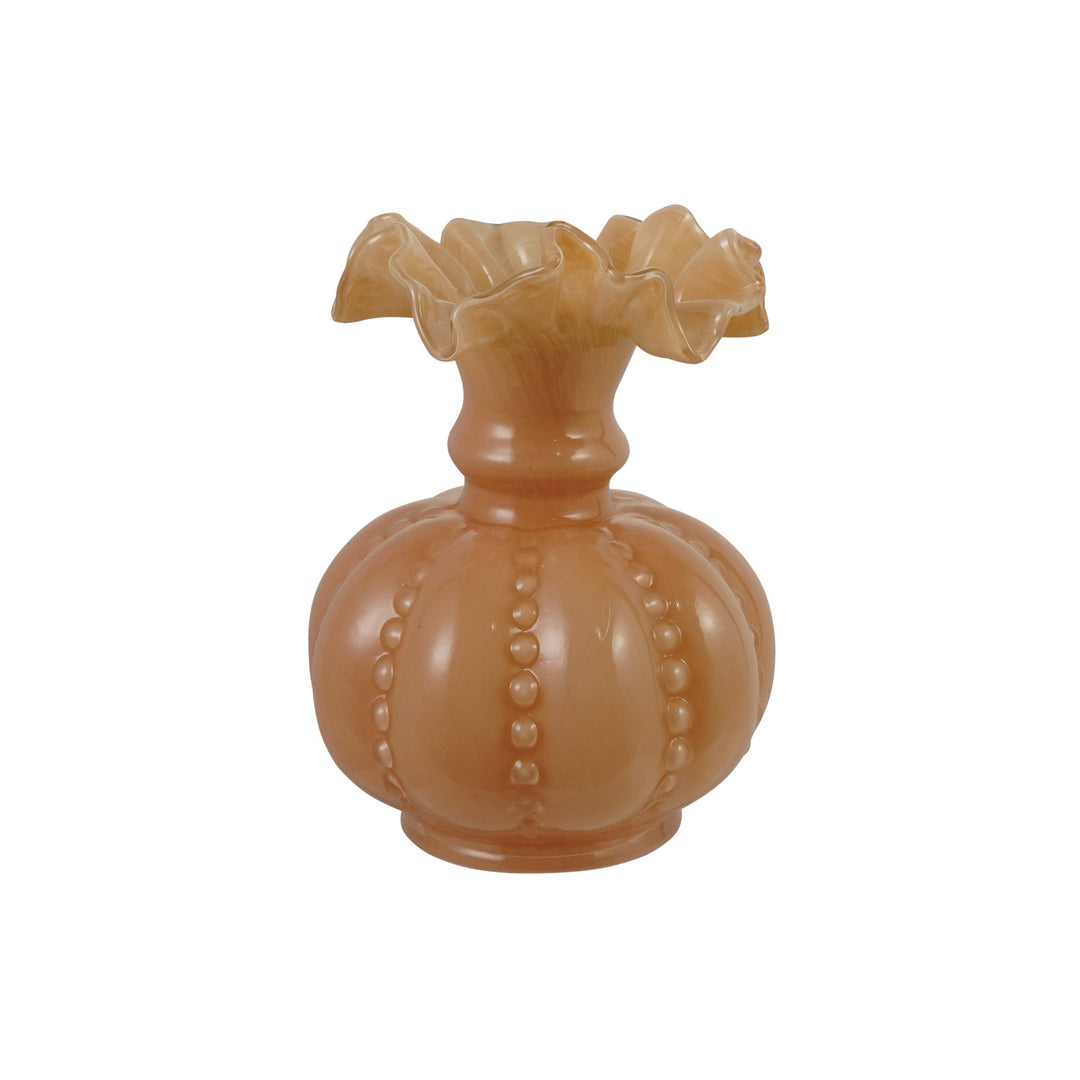 Hand-Blown Glass Ruffled Vase, Opaque Apricot Color