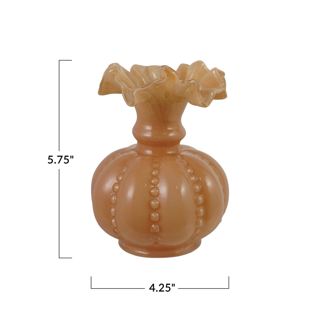 Hand-Blown Glass Ruffled Vase, Opaque Apricot Color