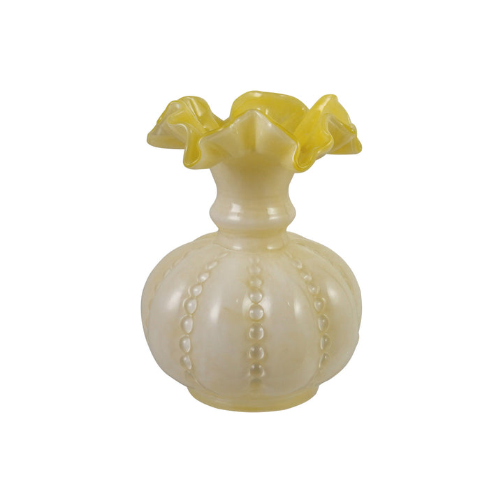 Hand-Blown Glass Ruffled Vase, Opaque Yellow & White
