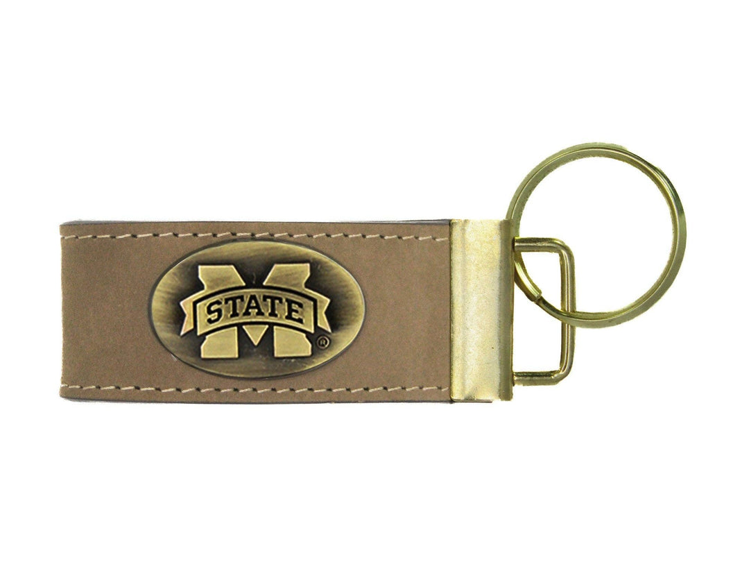Collegiate Leather Key Fob. Crazyhorse Full Grain Leather With Antique Brass Logo. Alabama, Auburn, Ole Miss, Mississippi State, Tennessee.
