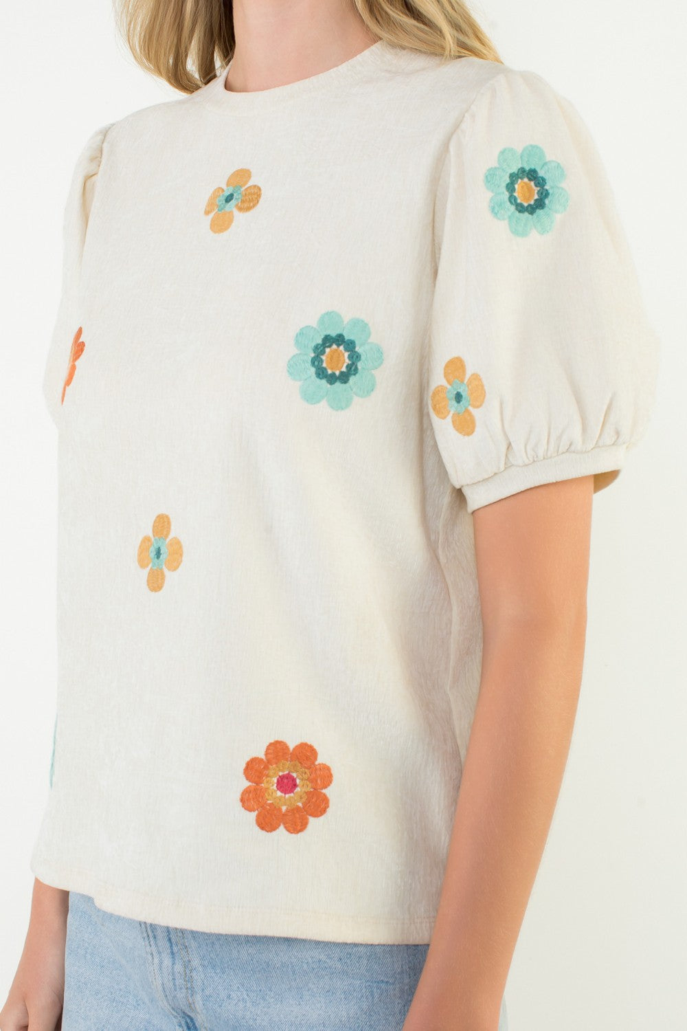 Flower Embroidered Detail Suede Top