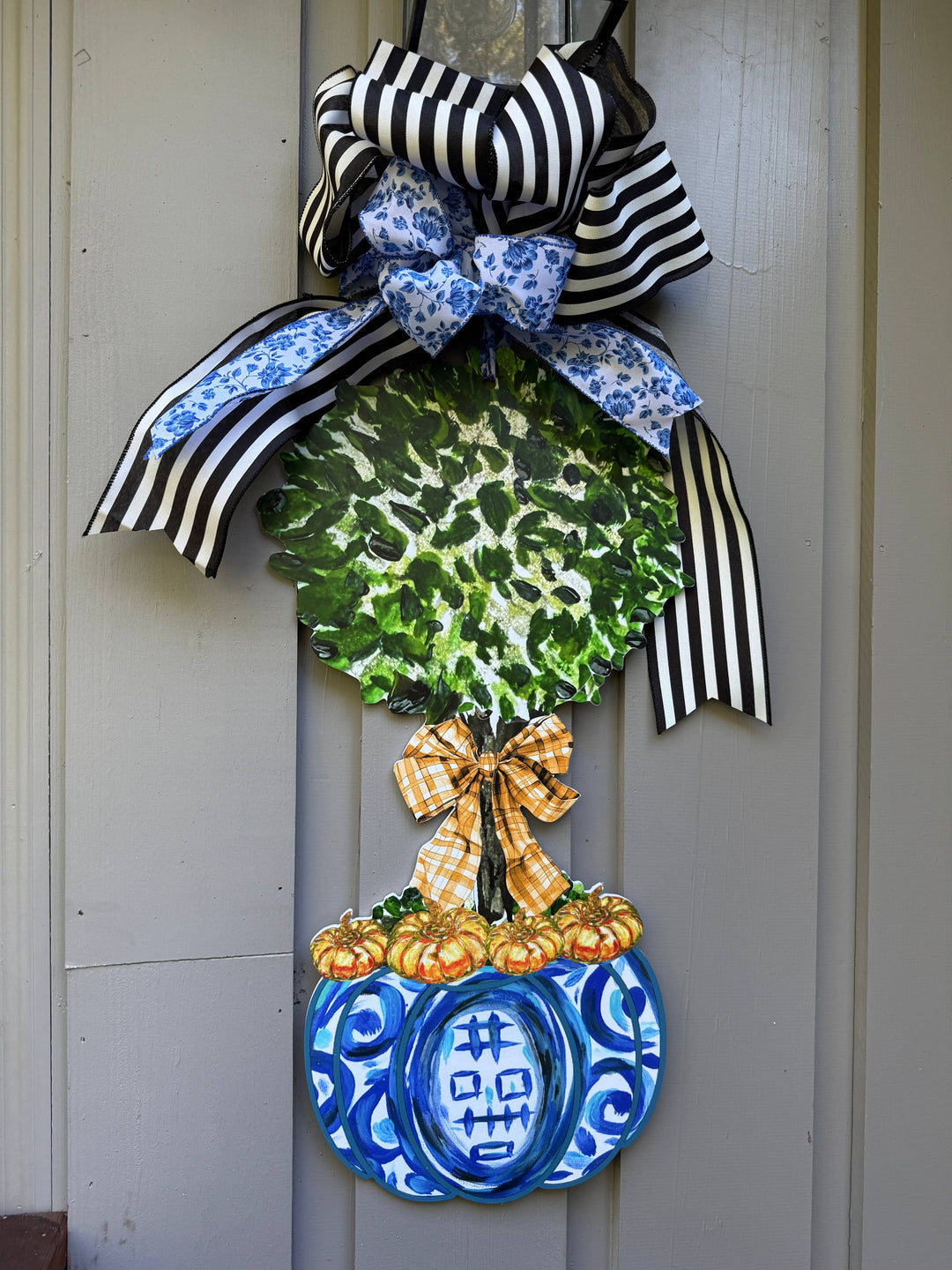 Blue Chinoiserie Pumpkin Topiary Door Hanger