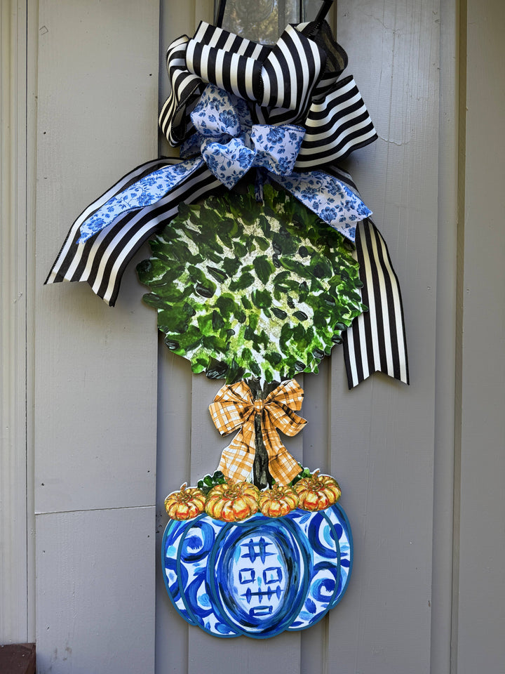 Blue Chinoiserie Pumpkin Topiary Door Hanger