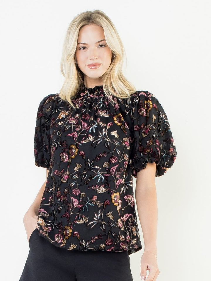 Velvet Detail Puff Sleeve Top