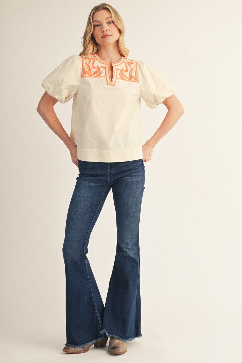 Orange & Cream Puff Sleeve Top