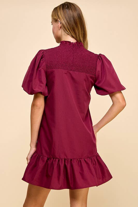 Puff Sleeve Ruffle Hem Shift Dress