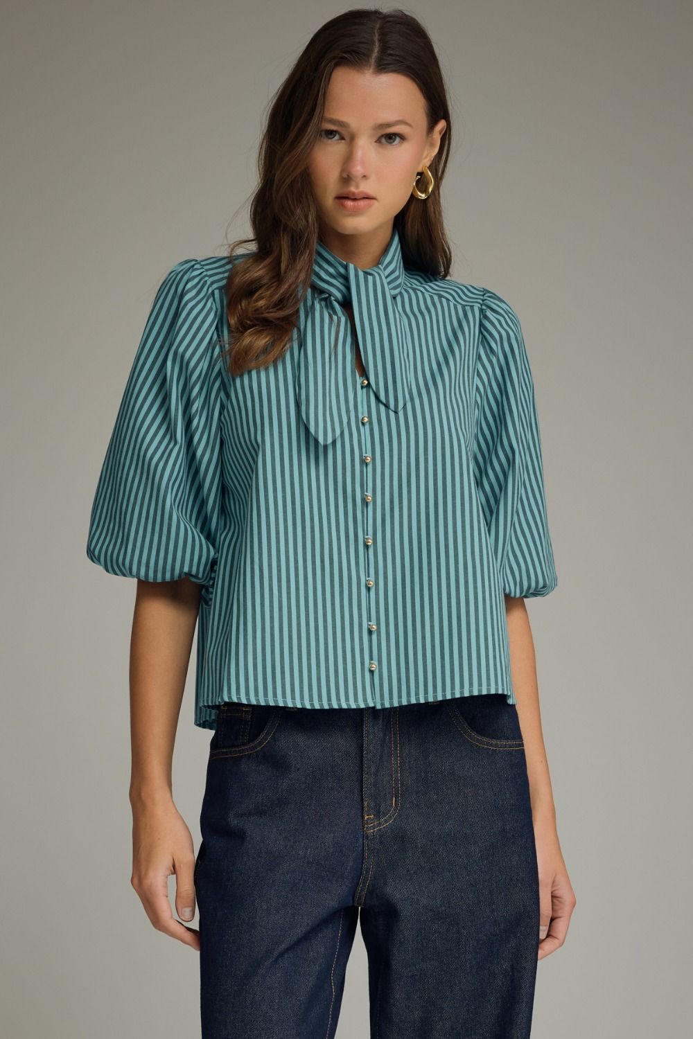 Blue Tie Collar Top