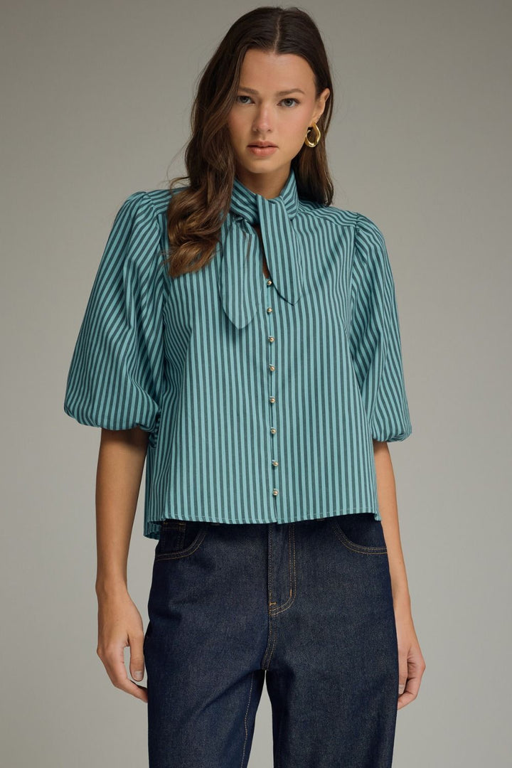Blue Tie Collar Top