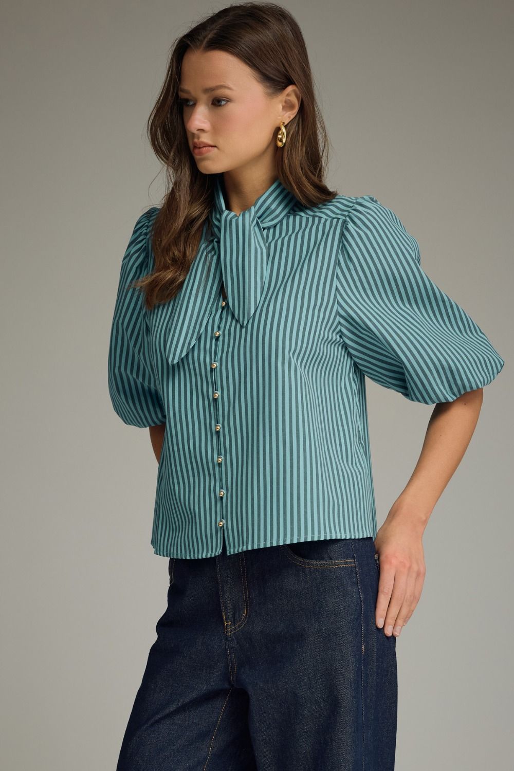 Blue Tie Collar Top