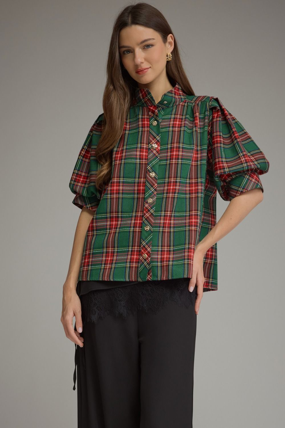 Green Red Plaid Puff Sleeve Top