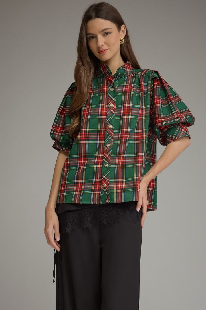 Green Red Plaid Puff Sleeve Top