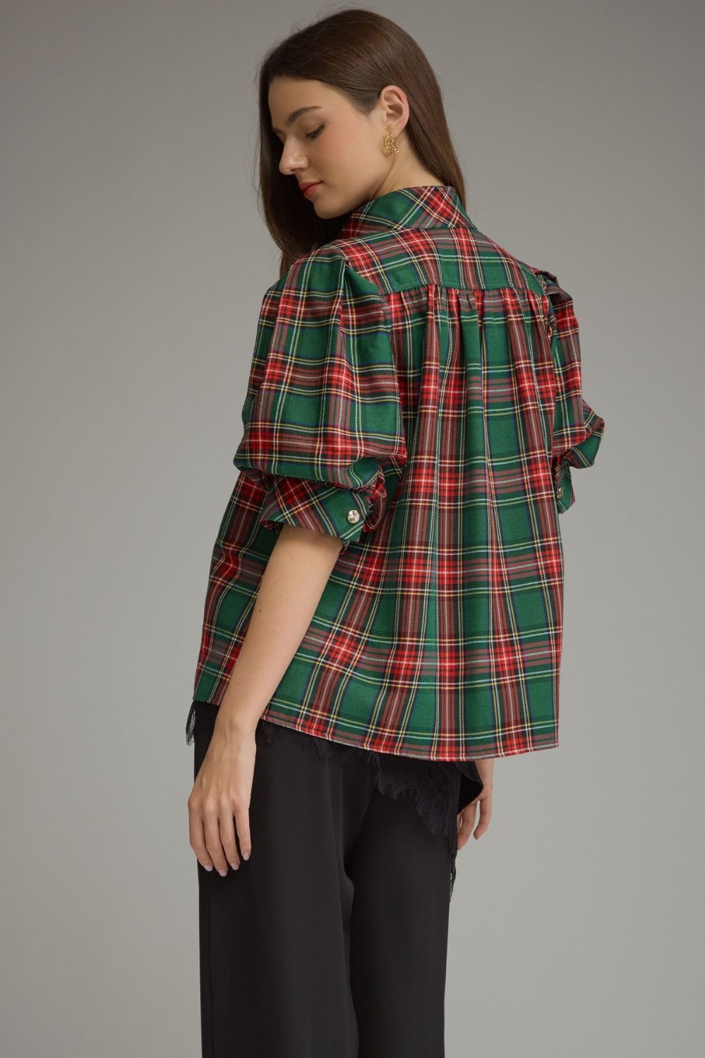 Green Red Plaid Puff Sleeve Top
