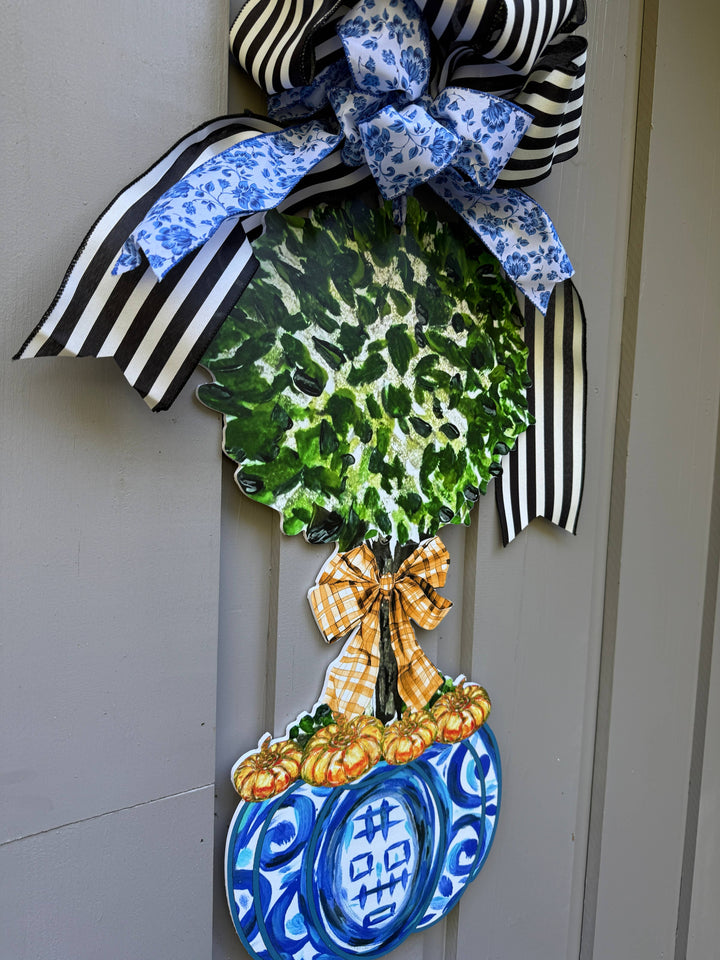Blue Chinoiserie Pumpkin Topiary Door Hanger