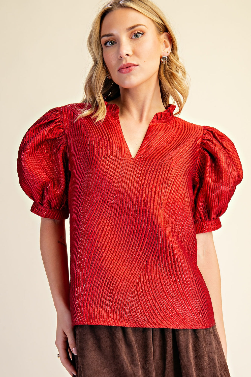 Ruffle V-Neck Textured Top